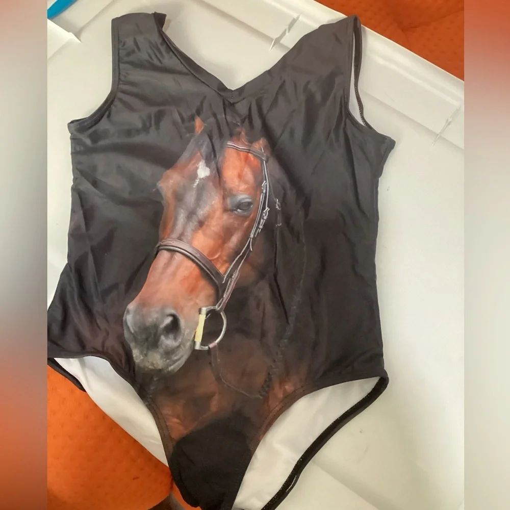 High Cut Swimming Costume Girls One Piece Gogh‎ Horse Print Size 14 - Picture 3 of 3